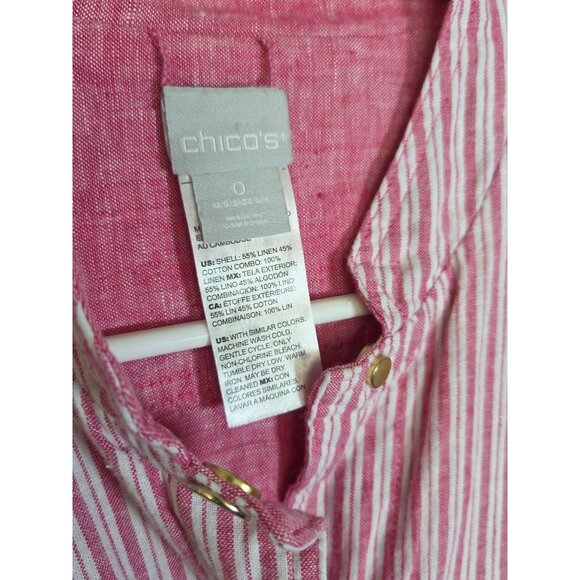 Chico's Reversible Jacket Pink Stripe Oxford Linen Cotton Snap Pockets 0 /small - Picture 2 of 5